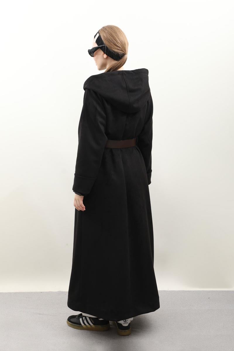 Kapüşonlu Süet Trençkot Siyah