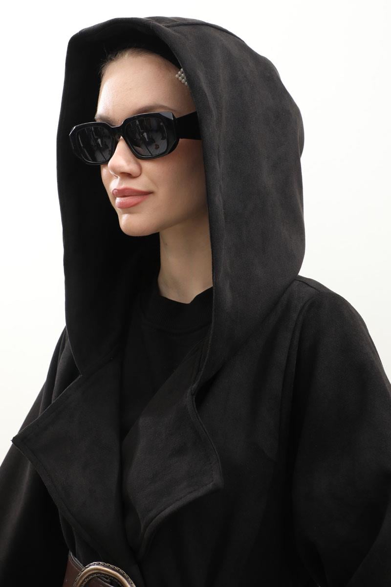 Kapüşonlu Süet Trençkot Siyah