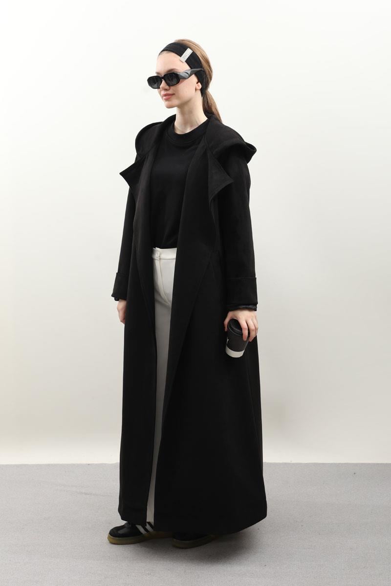 Kapüşonlu Süet Trençkot Siyah