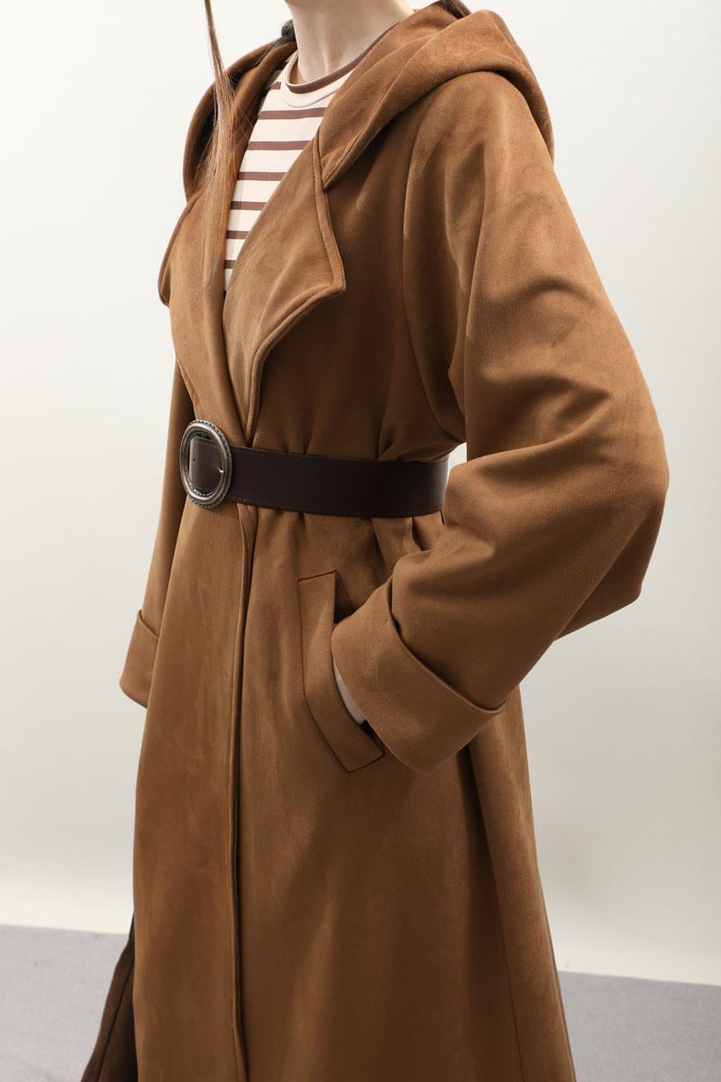 Kapüşonlu Süet Trençkot Vizon