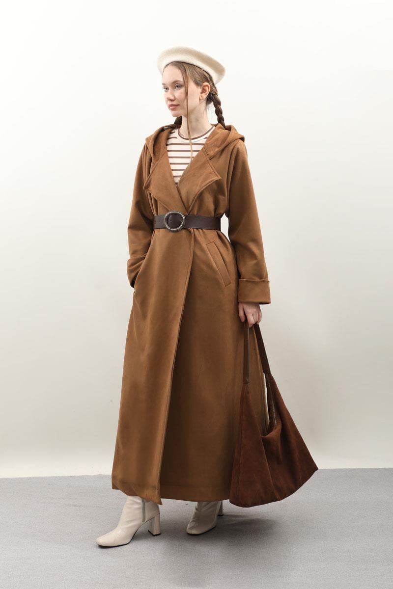 Kapüşonlu Süet Trençkot Vizon