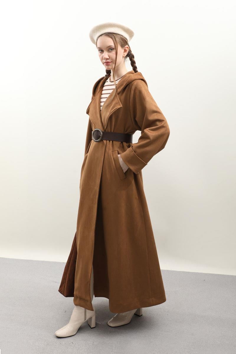 Kapüşonlu Süet Trençkot Vizon