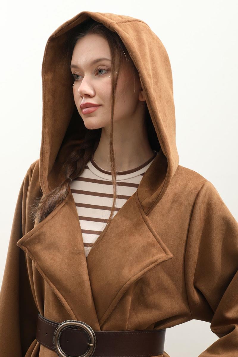 Kapüşonlu Süet Trençkot Vizon