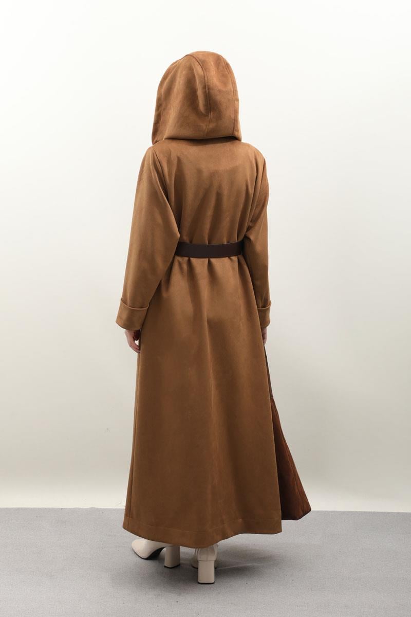 Kapüşonlu Süet Trençkot Vizon