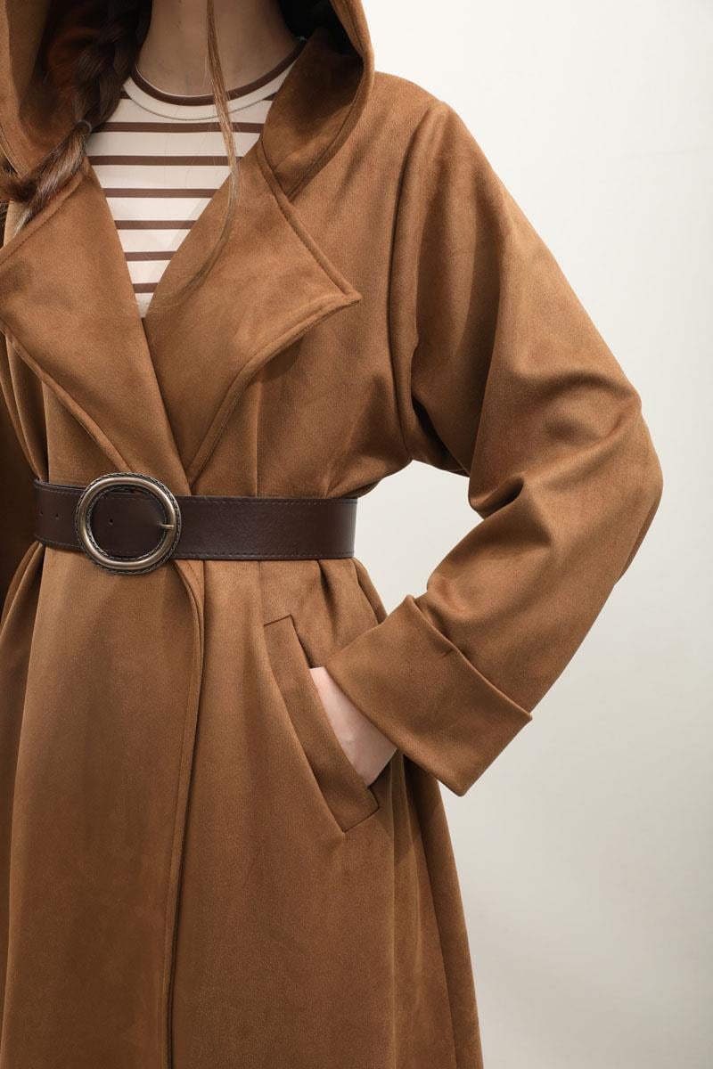 Kapüşonlu Süet Trençkot Vizon