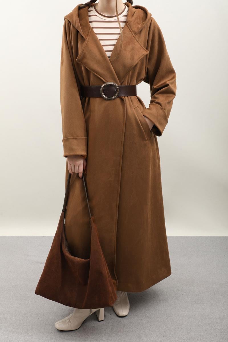 Kapüşonlu Süet Trençkot Vizon