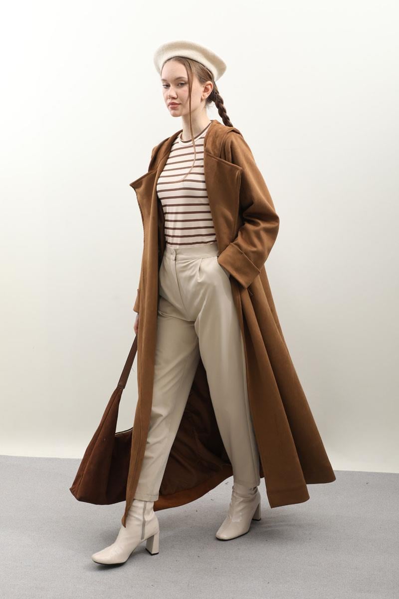 Kapüşonlu Süet Trençkot Vizon