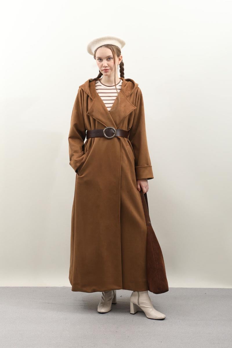 Kapüşonlu Süet Trençkot Vizon