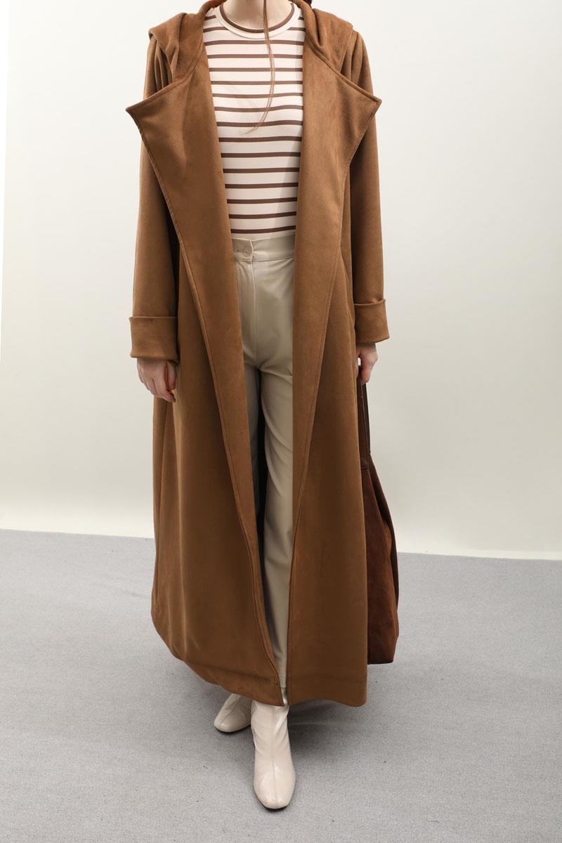 Kapüşonlu Süet Trençkot Vizon