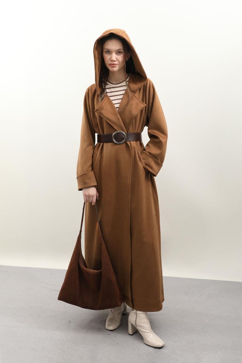 Kapüşonlu Süet Trençkot Vizon