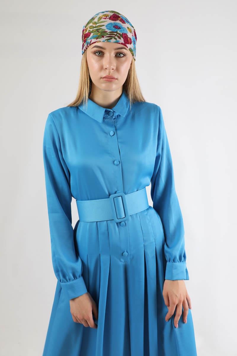 Kemerli Saten Tulum Mavi