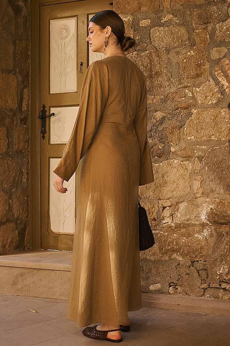 Kendinden Kuşaklı Keten Elbise