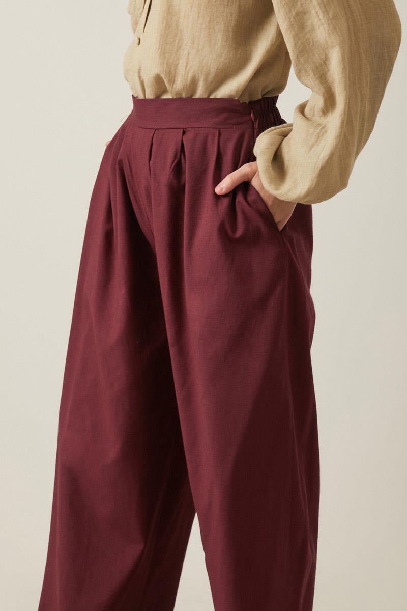 Keten Pileli Bol Paça Pantolon Bordo