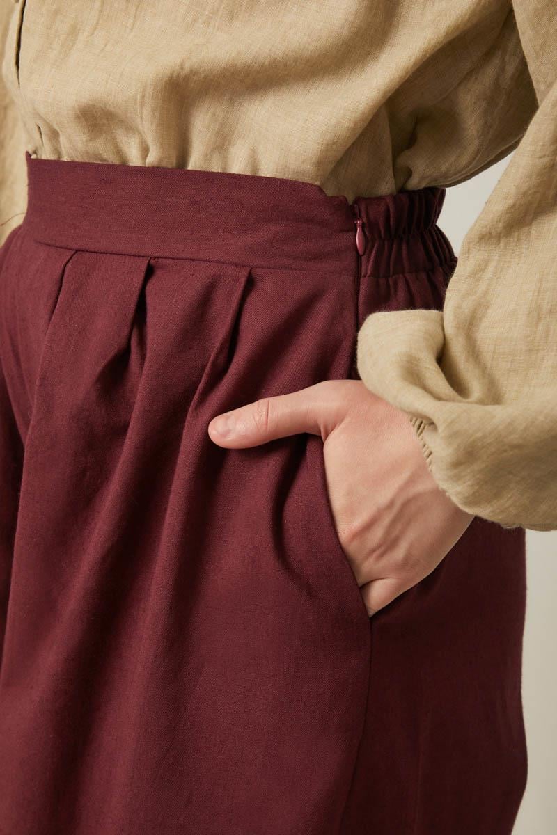 Keten Pileli Bol Paça Pantolon Bordo