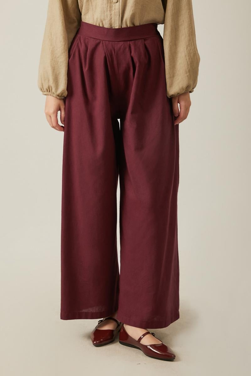 Keten Pileli Bol Paça Pantolon Bordo