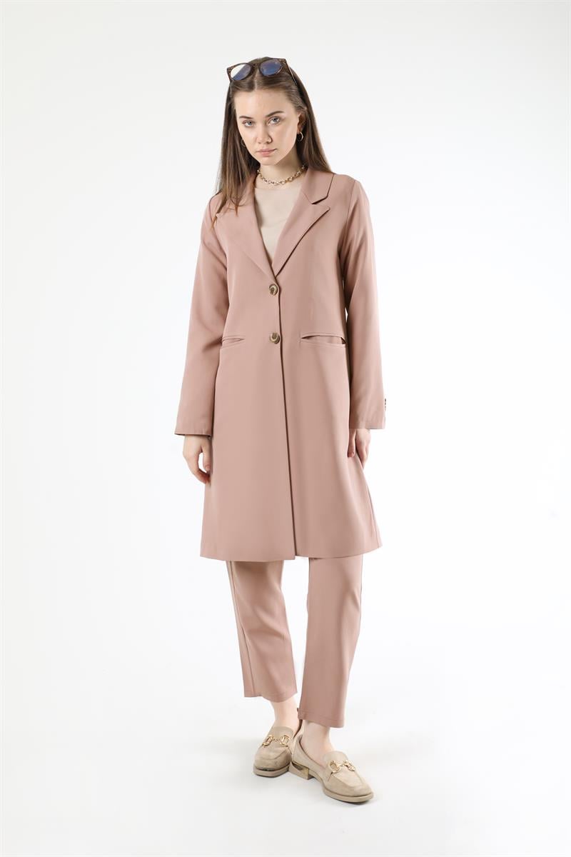 Klasik Blazer Ceket Takım Koyu Pudra