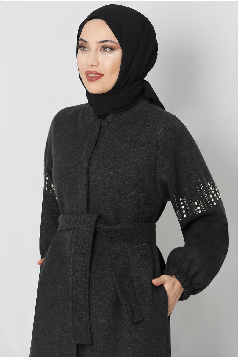 Kolları Taş İşlemeli Kaşe Kaban Füme