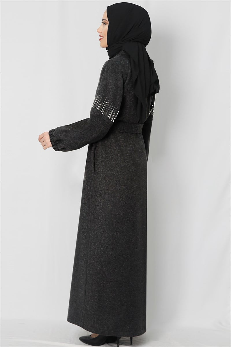 Kolları Taş İşlemeli Kaşe Kaban Füme