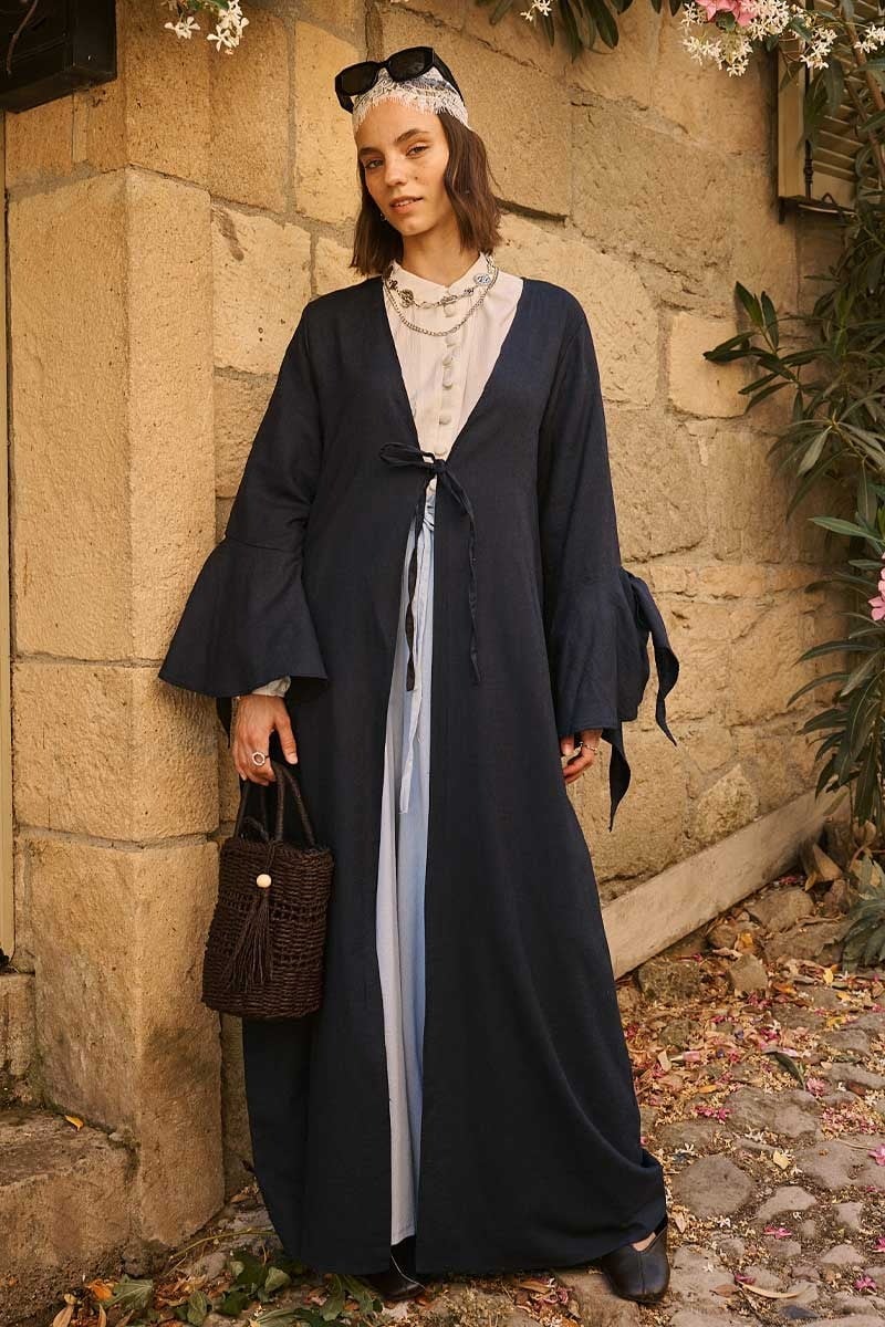 Kolları Volanlı Keten Abaya 