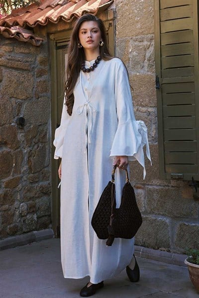 Kolları Volanlı Keten Abaya 