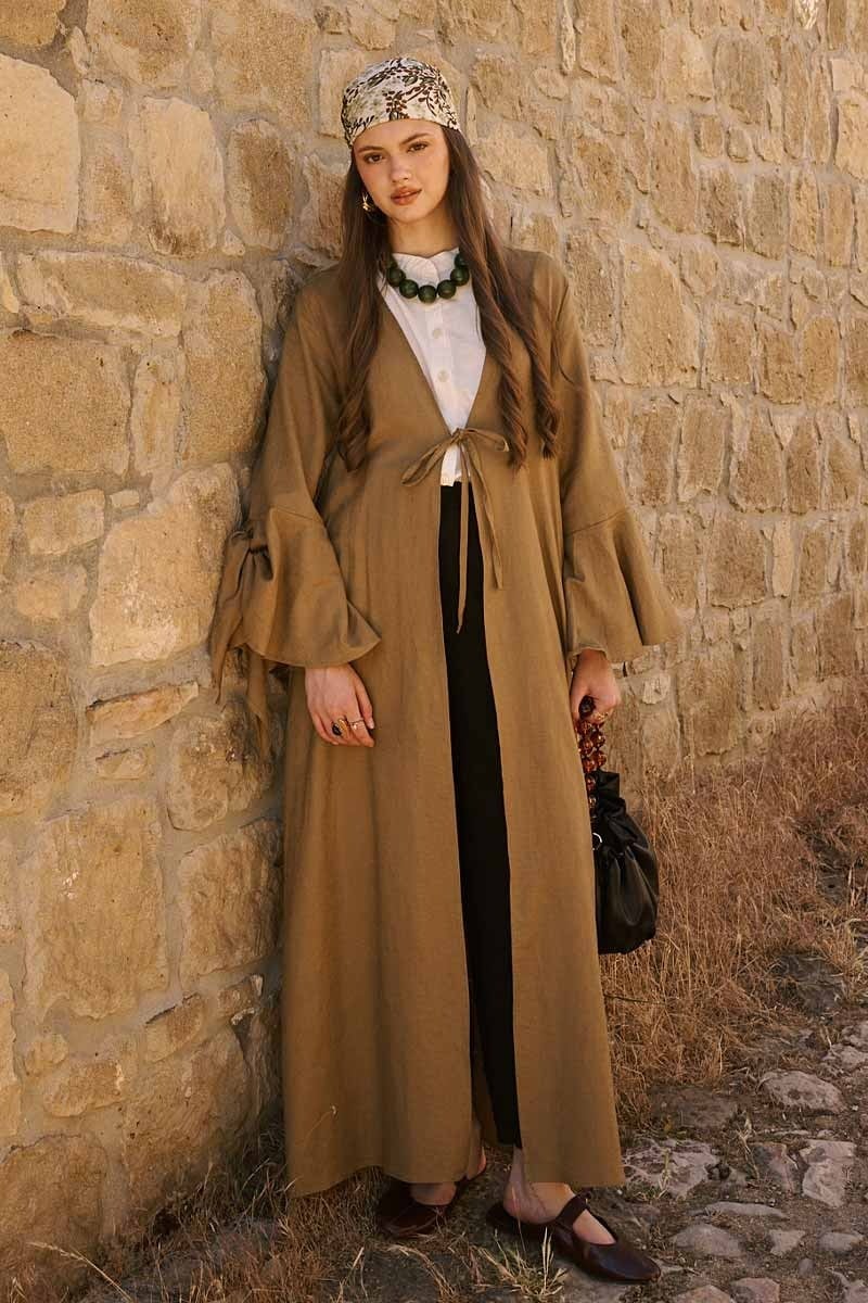 Kolları Volanlı Keten Abaya 