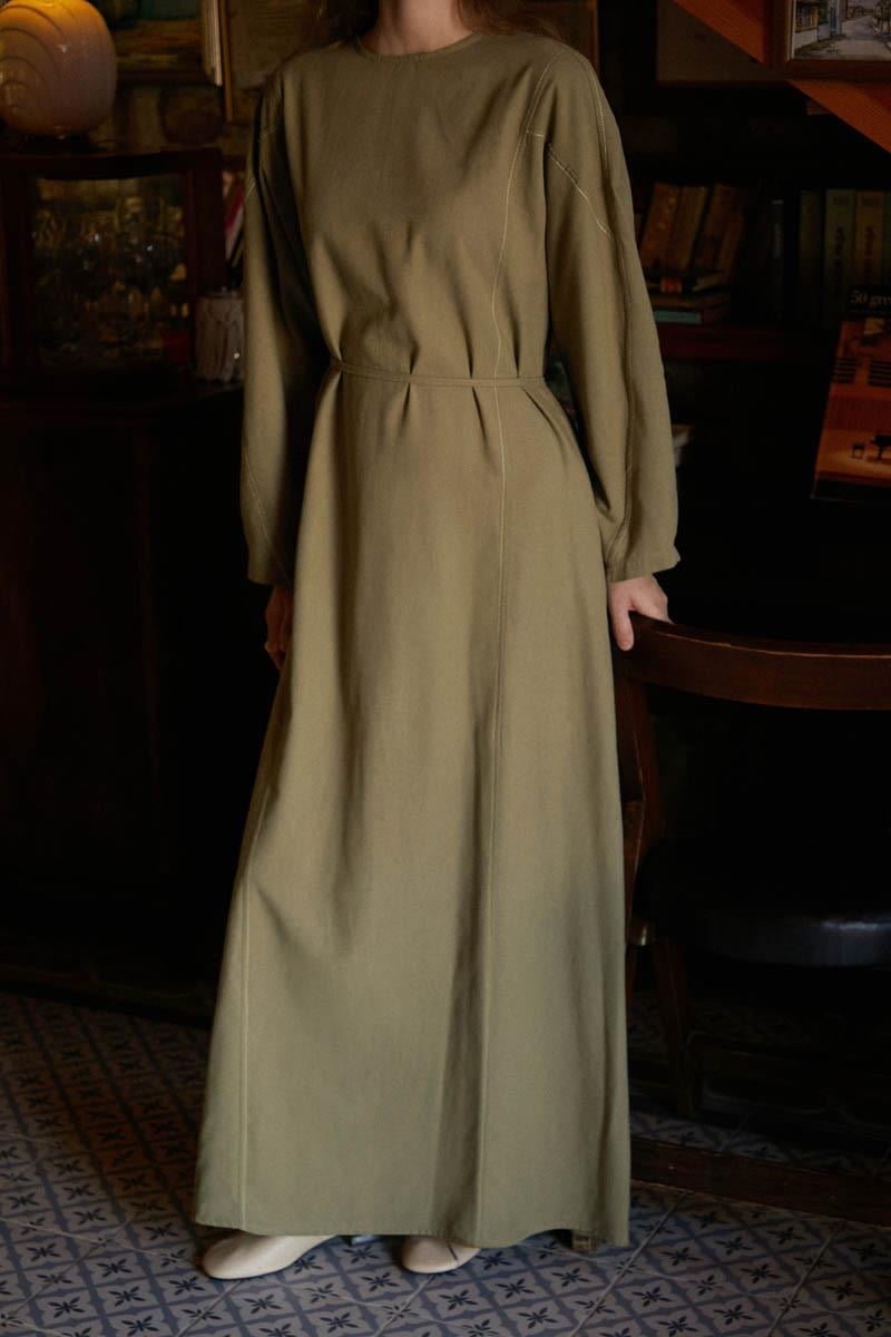 Kontrast Dikişli Keten Elbise Haki