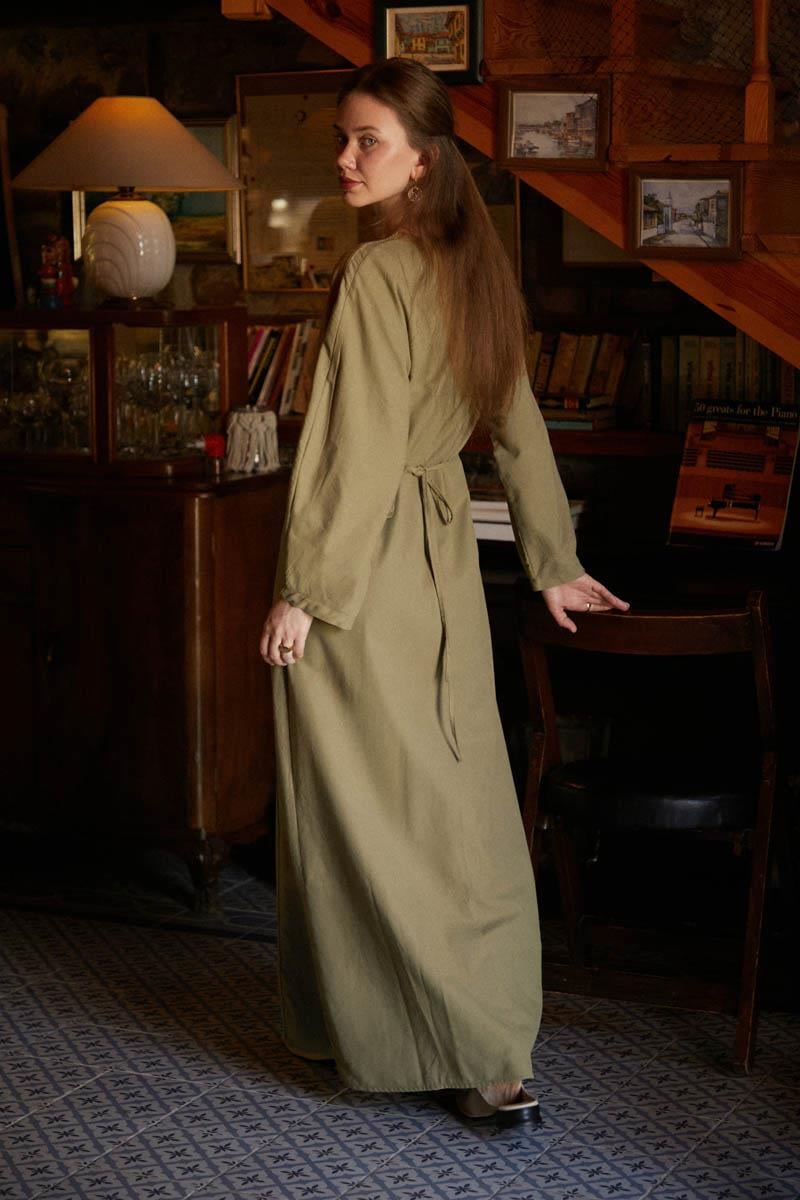 Kontrast Dikişli Keten Elbise Haki