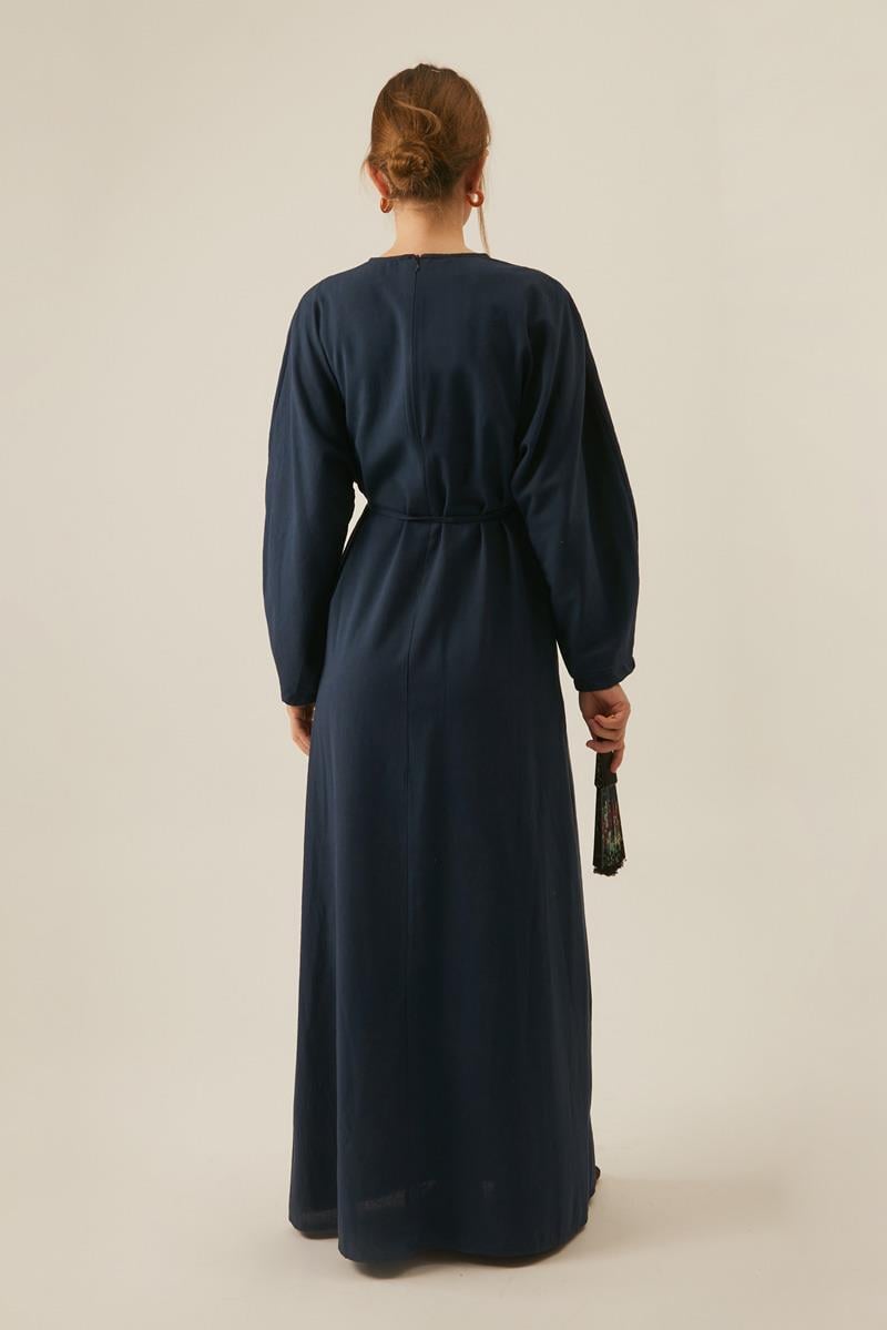 Kontrast Dikişli Keten Elbise Lacivert