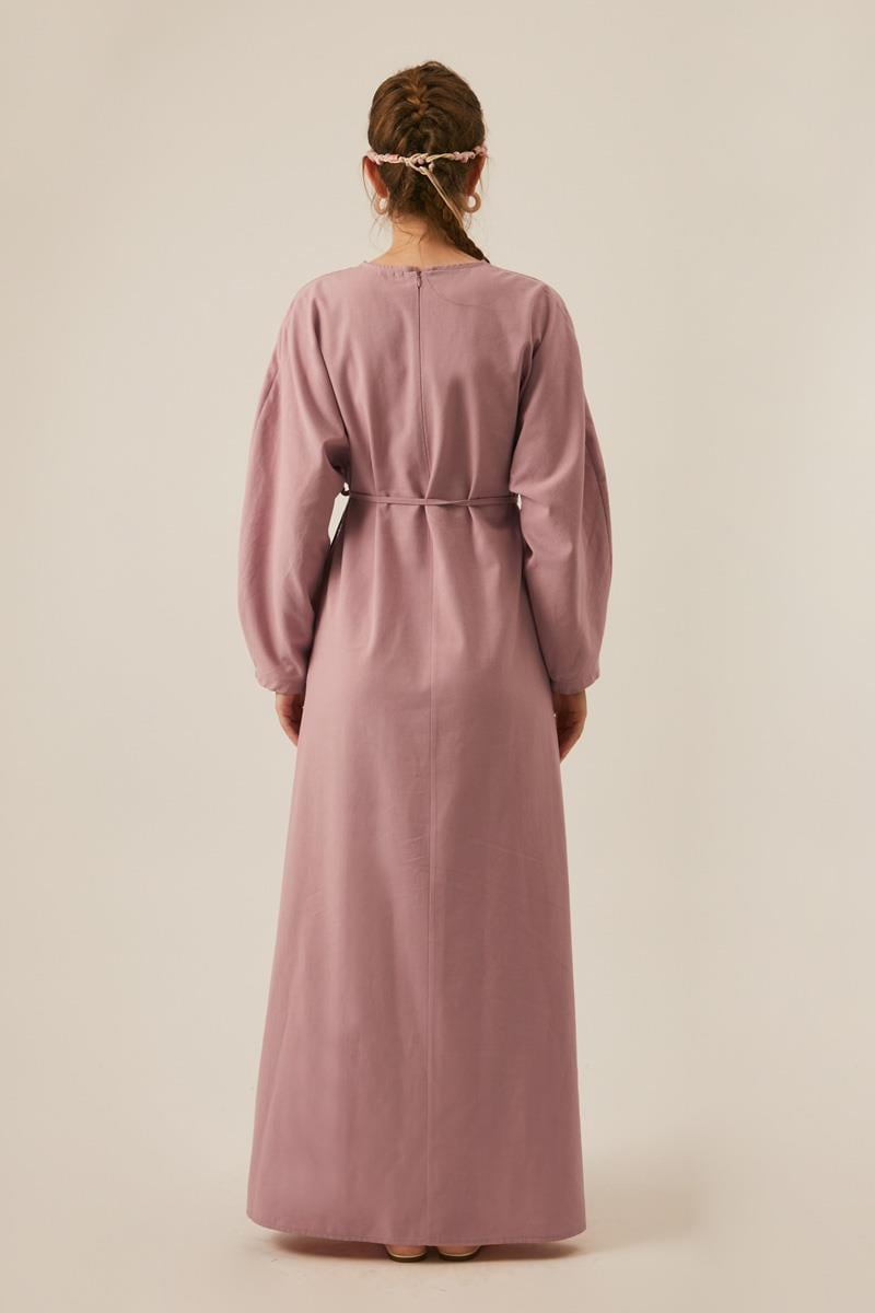 Kontrast Dikişli Keten Elbise Pudra