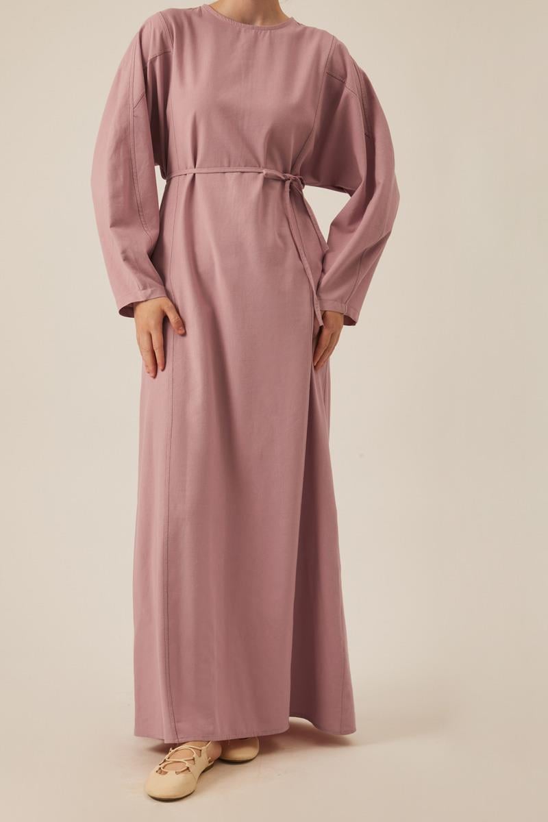 Kontrast Dikişli Keten Elbise Pudra