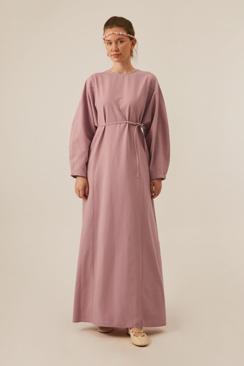 Kontrast Dikişli Keten Elbise Pudra