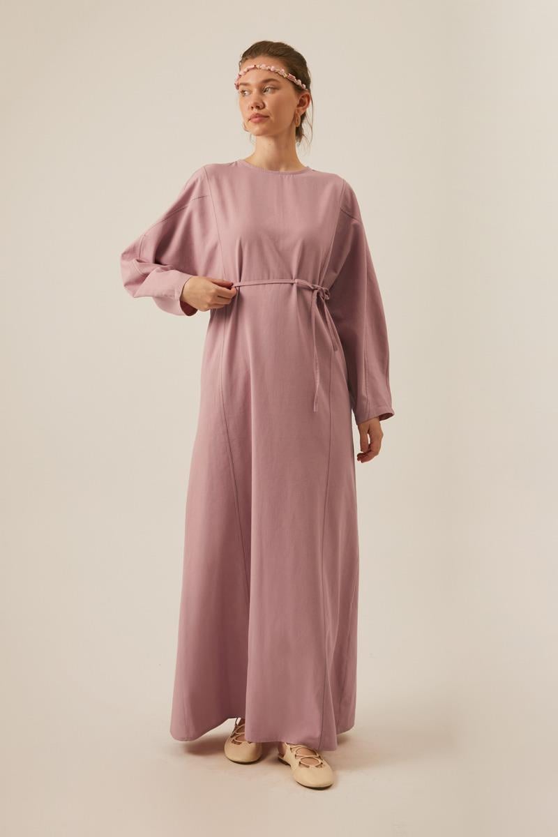 Kontrast Dikişli Keten Elbise Pudra