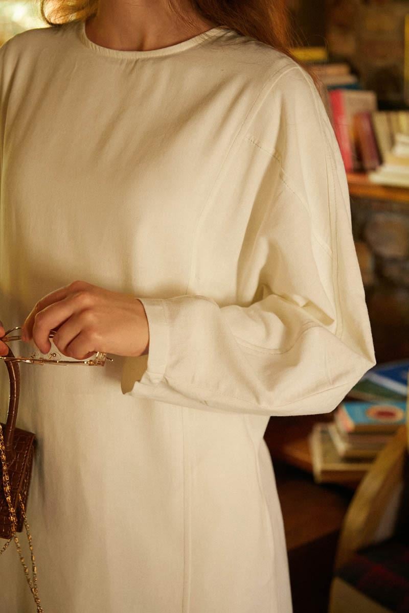 Kontrast Dikişli Keten Elbise Taş