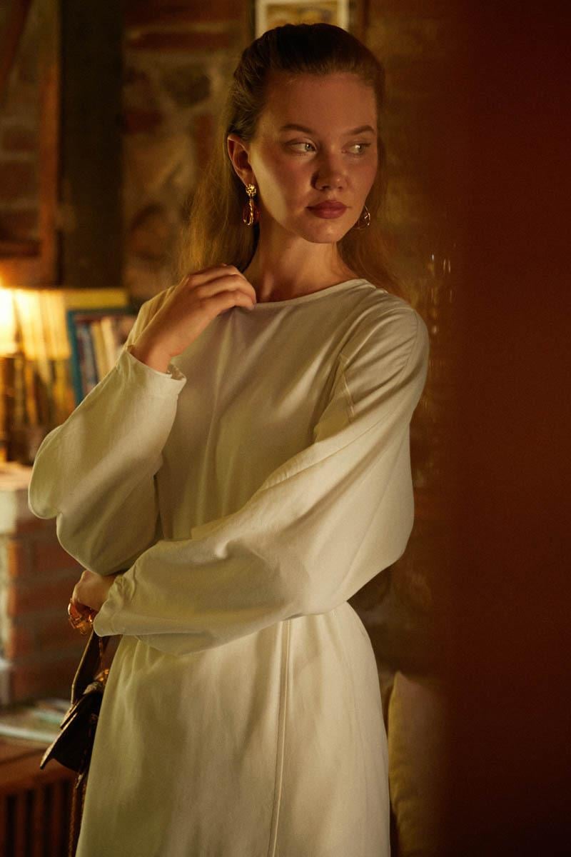 Kontrast Dikişli Keten Elbise Taş