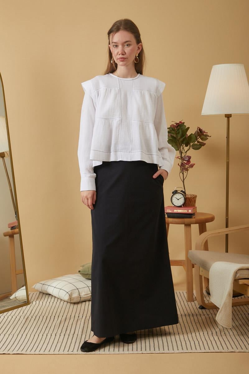 Kontrast Dikişli Müslin Bluz Beyaz