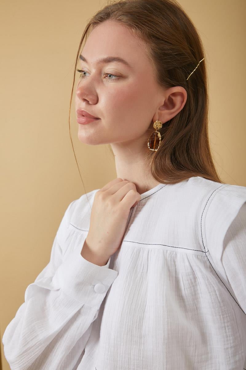 Kontrast Dikişli Müslin Bluz Beyaz