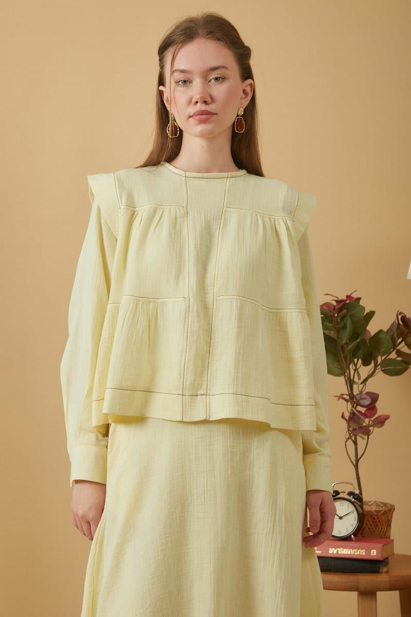Kontrast Dikişli Müslin Bluz Tereyağı Sarısı
