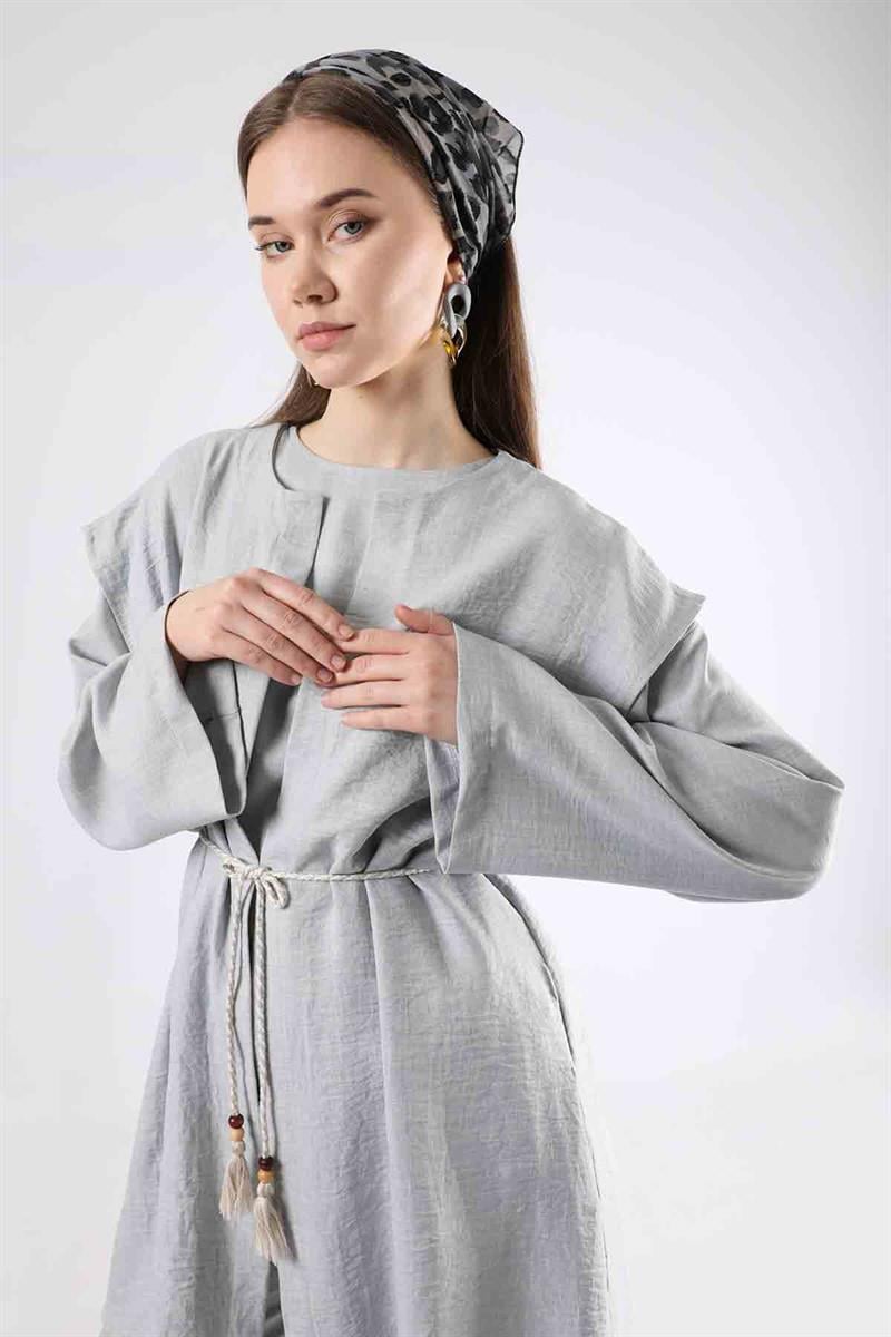 Kordonlu Bol Paça Yelek Takım Gri