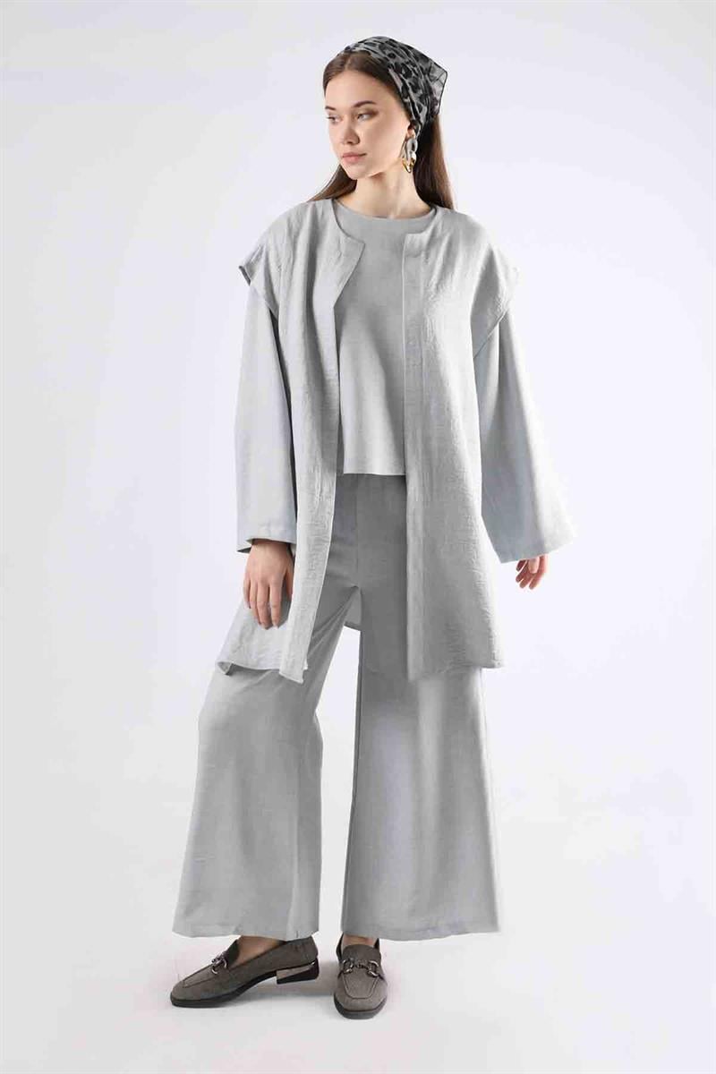 Kordonlu Bol Paça Yelek Takım Gri