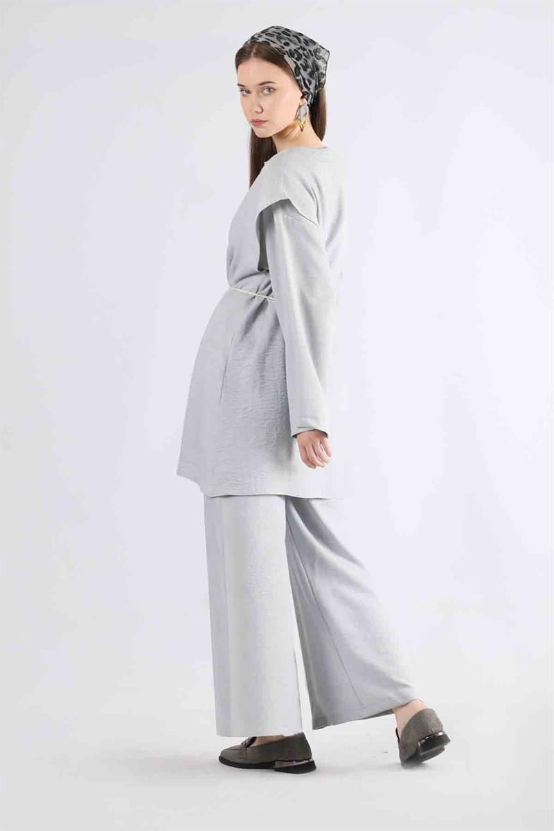 Kordonlu Bol Paça Yelek Takım Gri