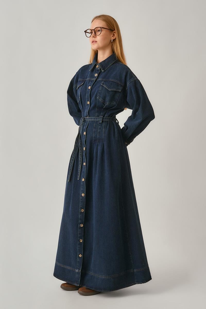 Korse Bel Denim Elbise Koyu Mavi