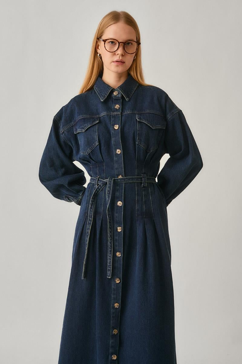 Korse Bel Denim Elbise Koyu Mavi