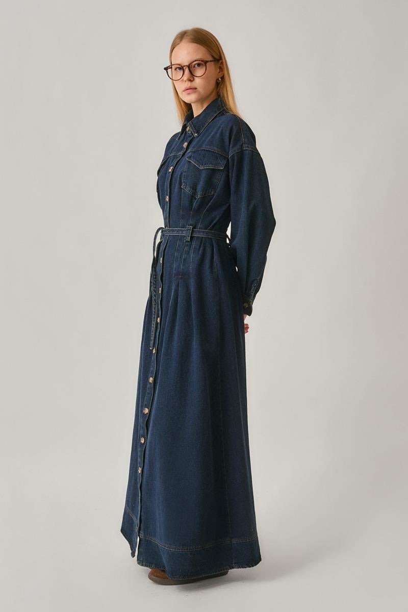 Korse Bel Denim Elbise Koyu Mavi