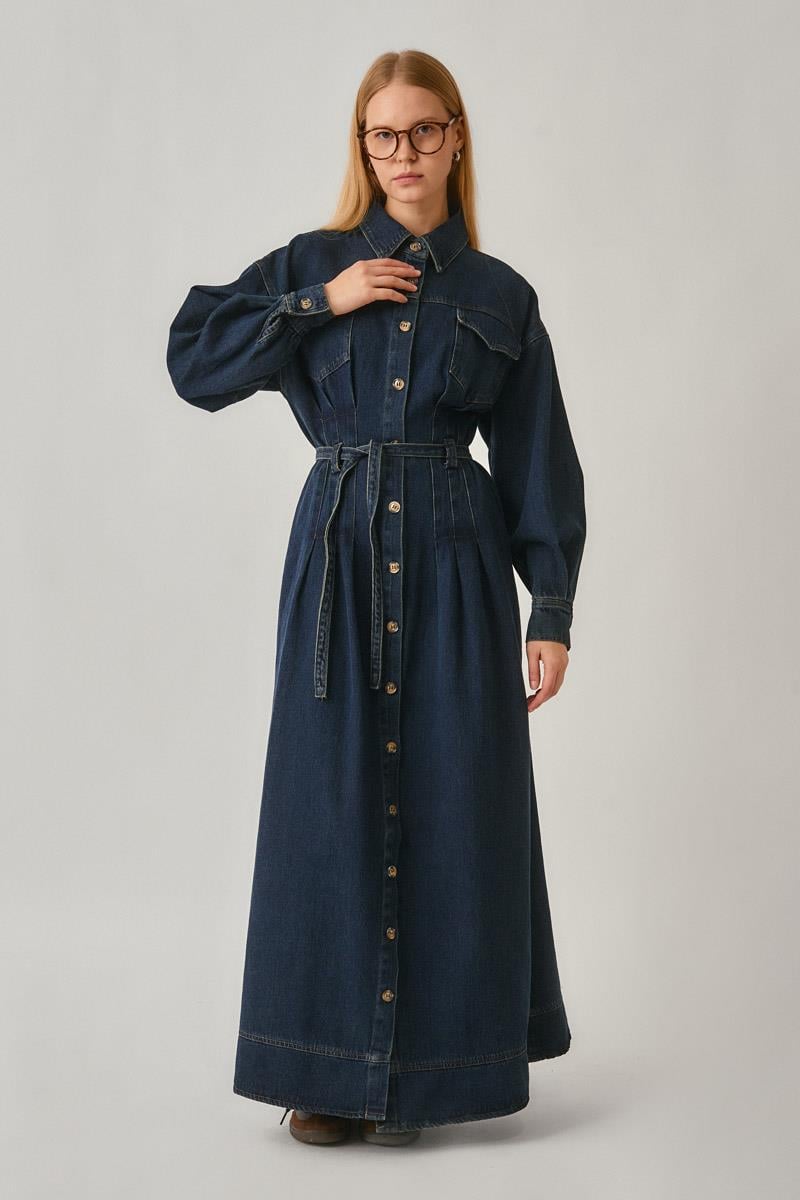 Korse Bel Denim Elbise Koyu Mavi