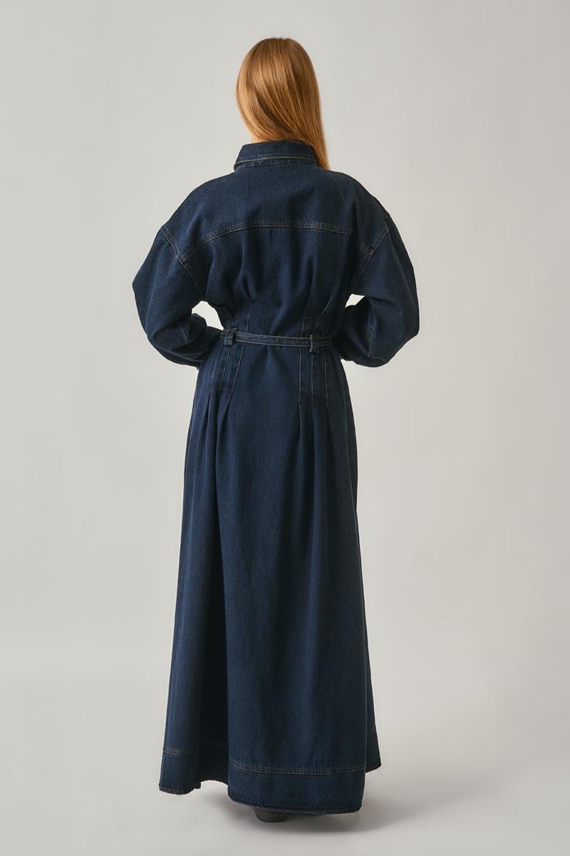 Korse Bel Denim Elbise Koyu Mavi