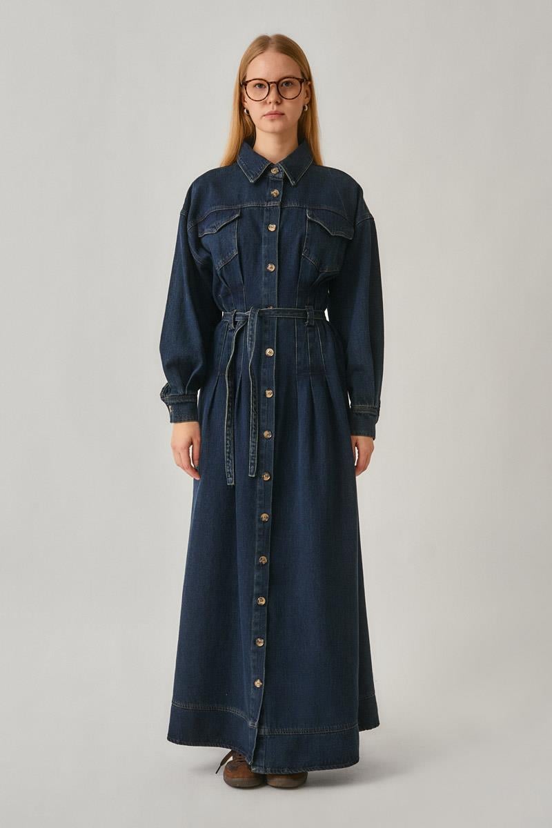 Korse Bel Denim Elbise Koyu Mavi