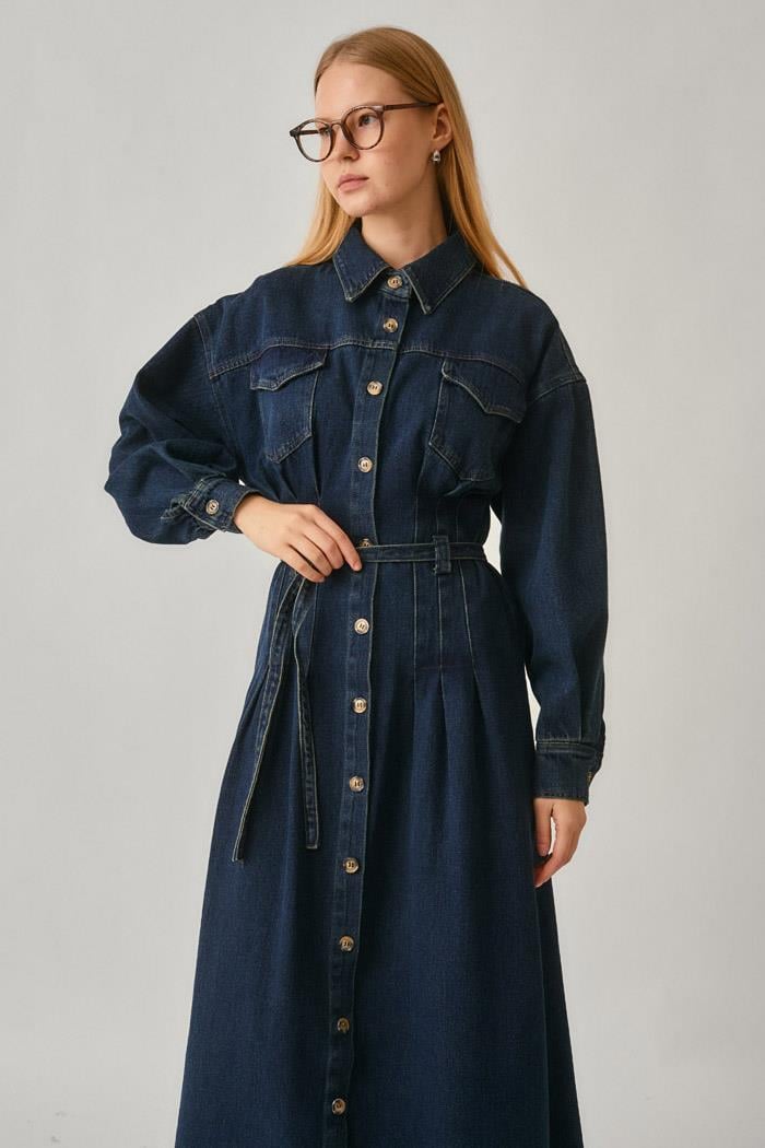 Korse Bel Denim Elbise Koyu Mavi