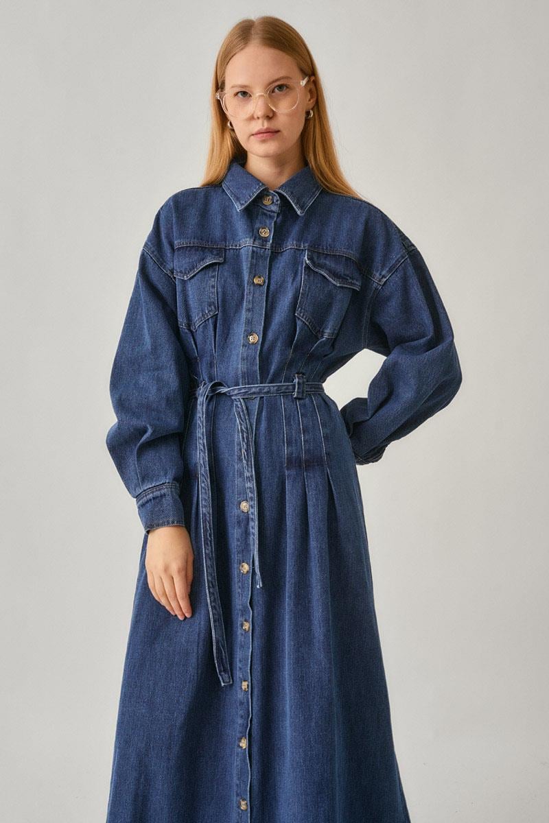 Korse Bel Denim Elbise Siyah