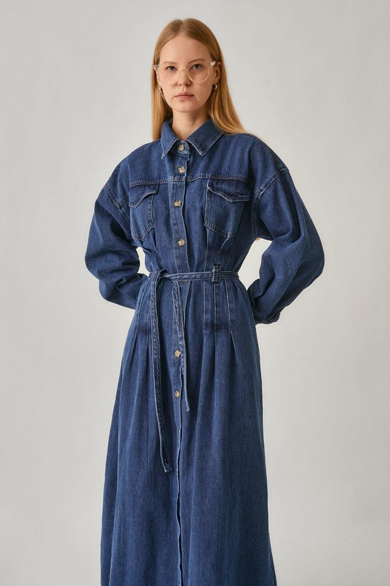 Korse Bel Denim Elbise Siyah