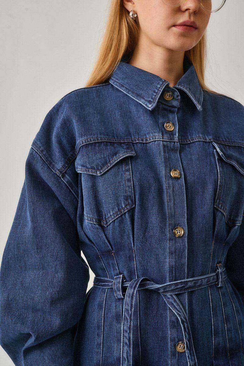 Korse Bel Denim Elbise Siyah